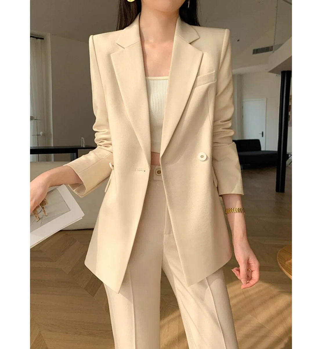 2 Pieces Single Buttons Notch Lapel Women Suit (Blazer Pants)