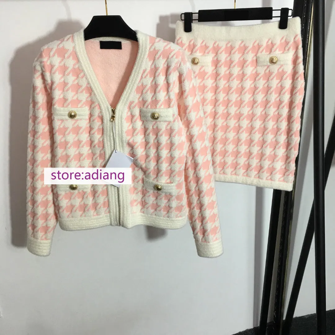 2 sets knitted houndstooth cardigan silm skirt suits women high quality 2022 SML