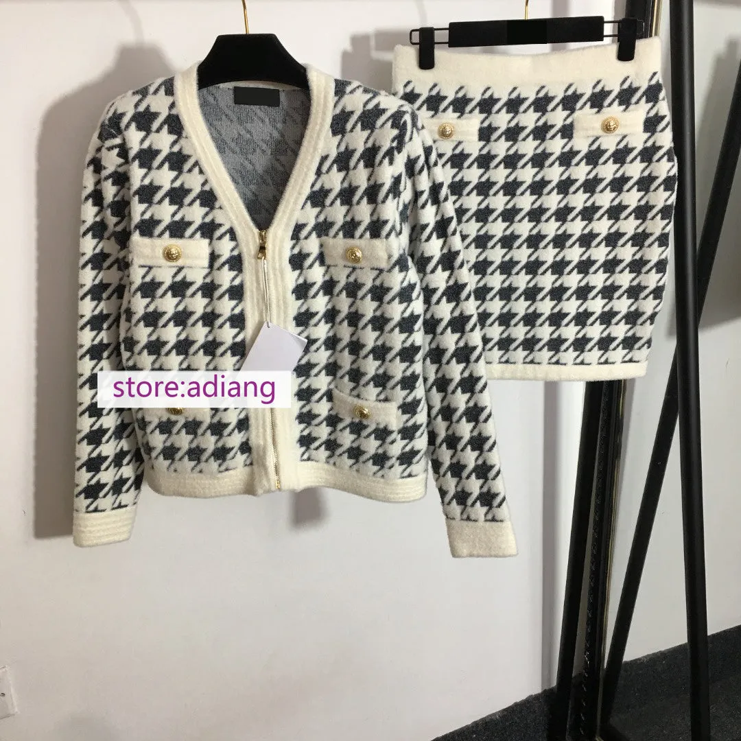 2 sets knitted houndstooth cardigan silm skirt suits women high quality 2022 SML