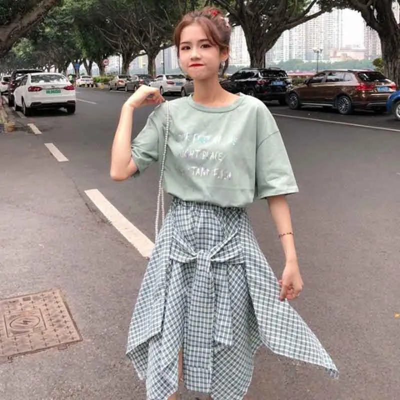 2pcs/set Summer Women Sample O-neck T-shirt irregular Plaid Skirt 2piece Set  Office Lady T-shirt Skirt Suits Women Summer Set