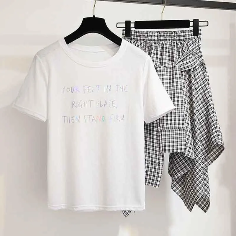 2pcs/set Summer Women Sample O-neck T-shirt irregular Plaid Skirt 2piece Set  Office Lady T-shirt Skirt Suits Women Summer Set
