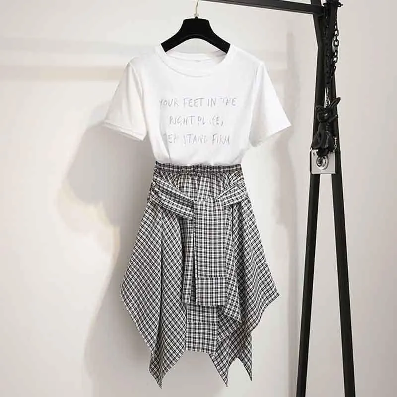 2pcs/set Summer Women Sample O-neck T-shirt irregular Plaid Skirt 2piece Set  Office Lady T-shirt Skirt Suits Women Summer Set