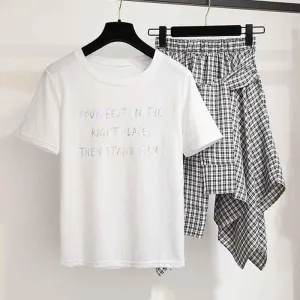 2pcs/set Summer Women Sample O-neck T-shirt irregular Plaid Skirt 2piece Set  Office Lady T-shirt Skirt Suits Women Summer Set
