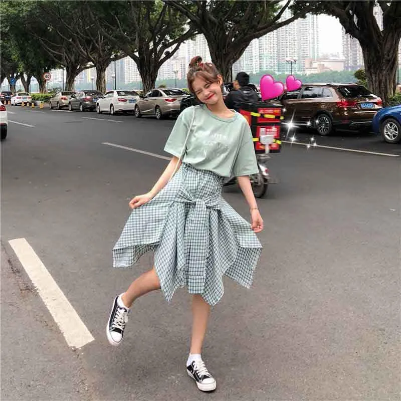 2pcs/set Summer Women Sample O-neck T-shirt irregular Plaid Skirt 2piece Set  Office Lady T-shirt Skirt Suits Women Summer Set