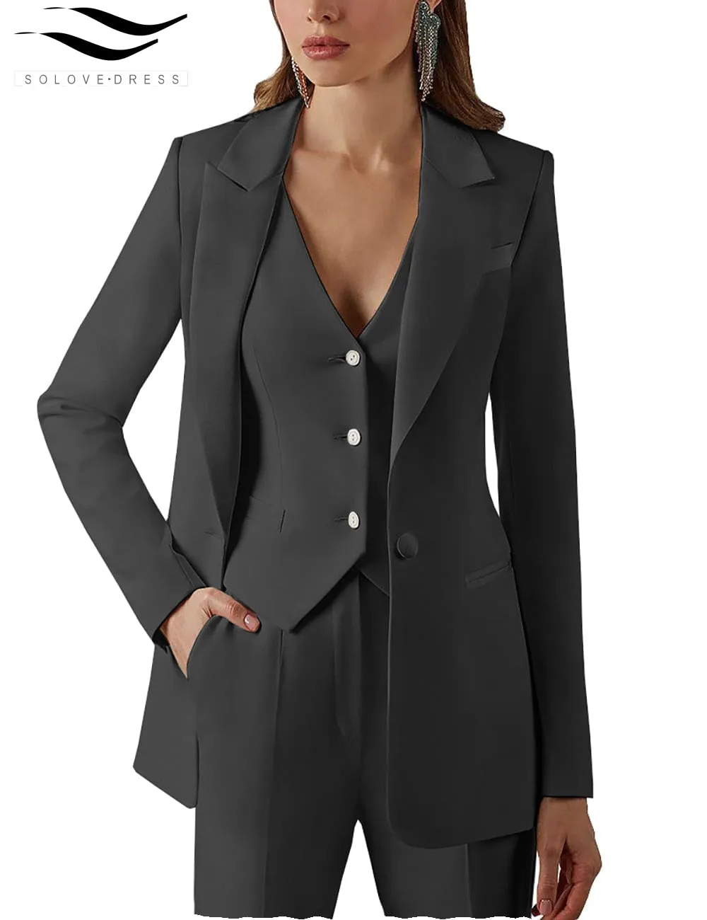 3 Pieces Single Buttons Peak Lapel Women Suit (Blazer vest Pants)