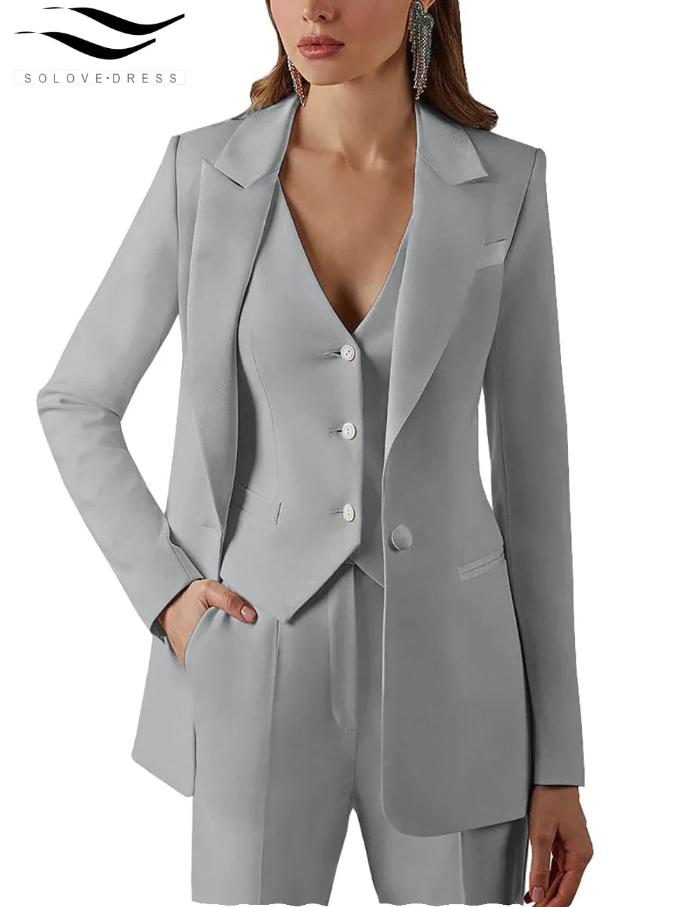 3 Pieces Single Buttons Peak Lapel Women Suit (Blazer vest Pants)