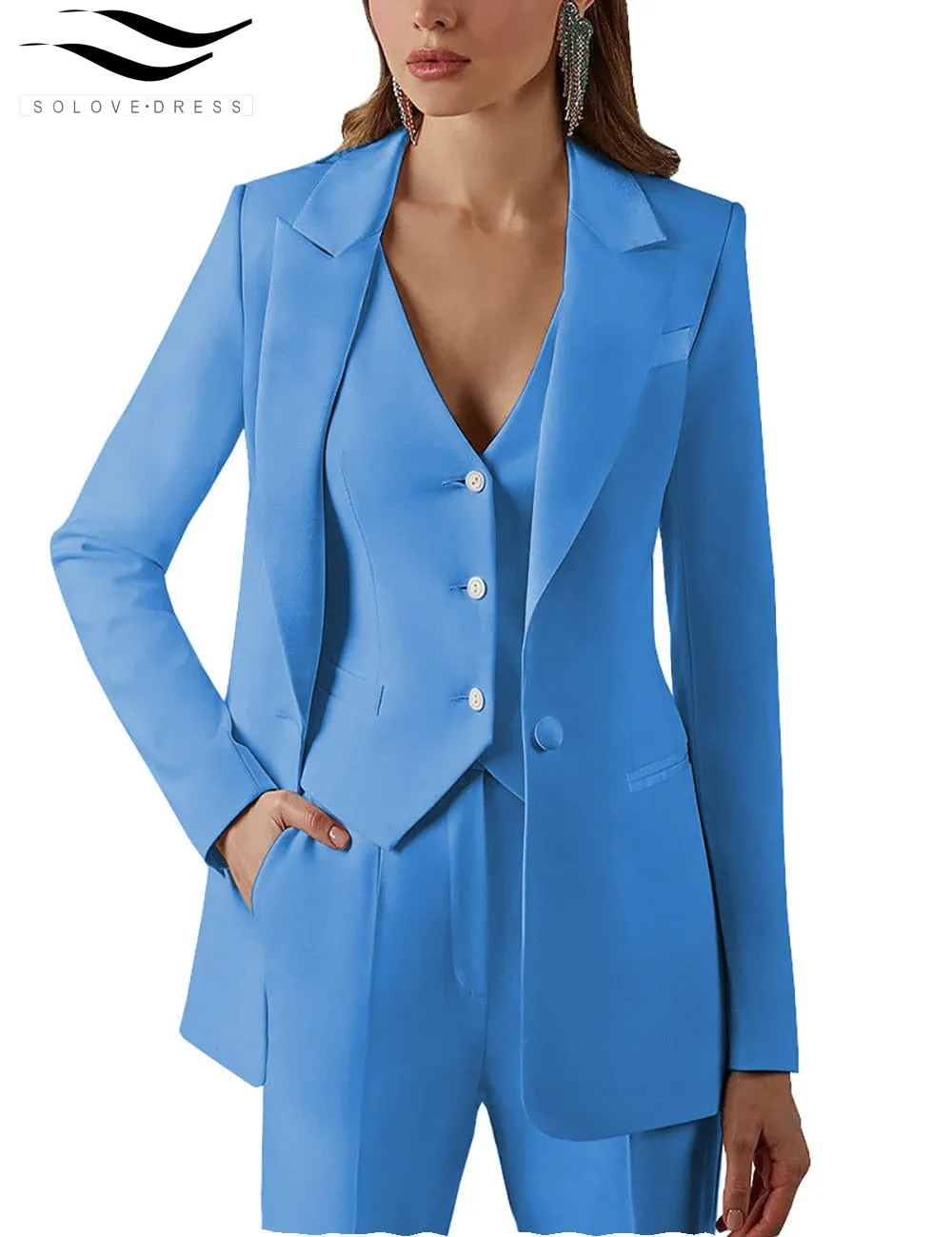3 Pieces Single Buttons Peak Lapel Women Suit (Blazer vest Pants)