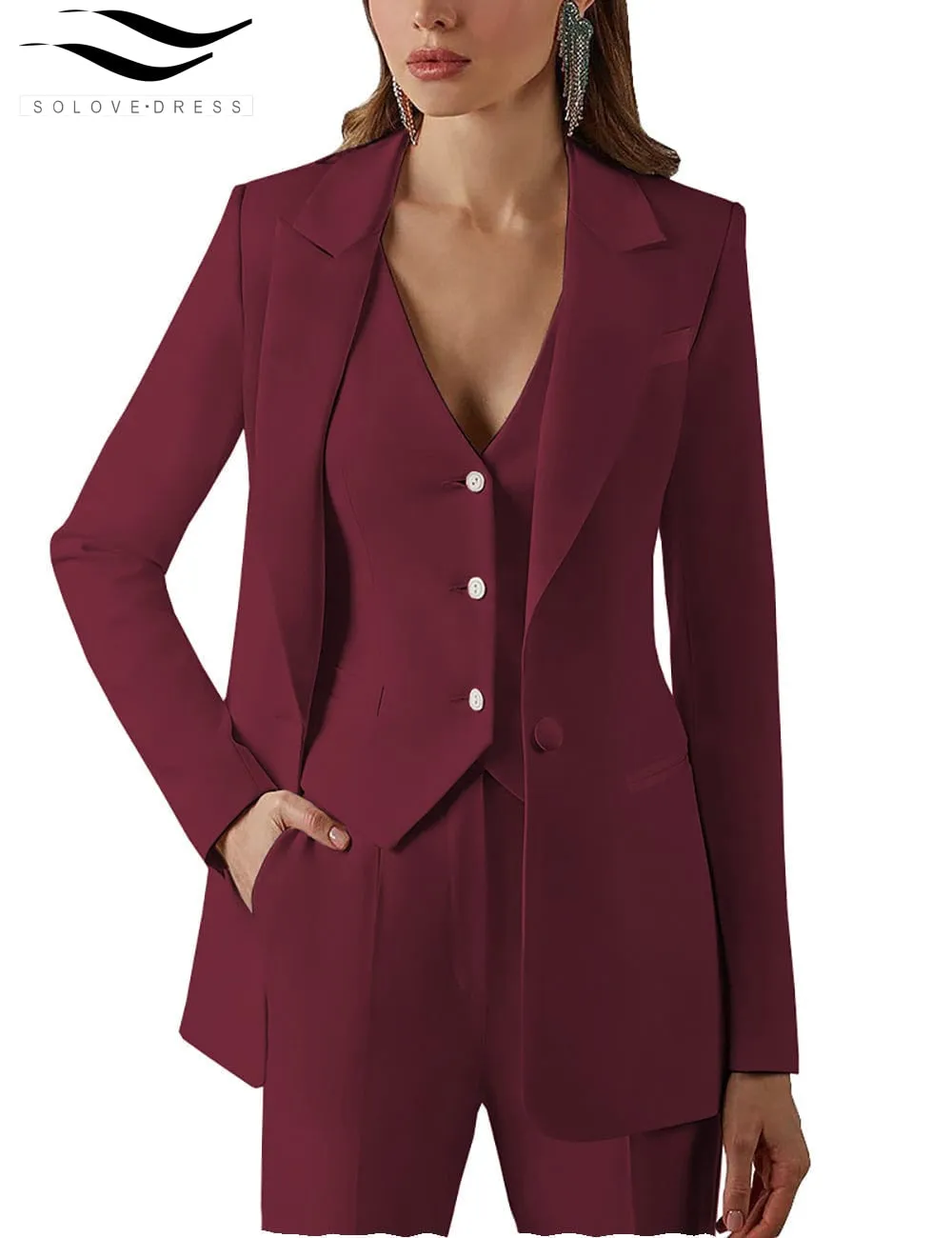 3 Pieces Single Buttons Peak Lapel Women Suit (Blazer vest Pants)