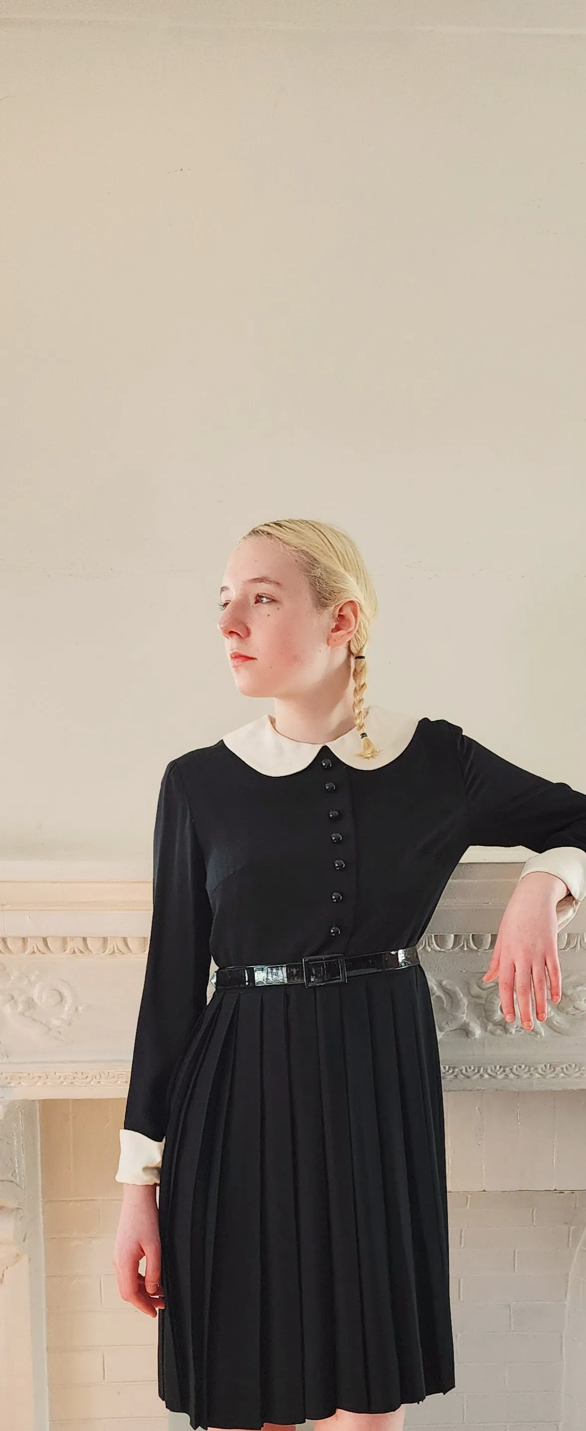 60s Black Mod Dress with White Collar and Cuffs & Pleated Skirt Wednesday Adams Style / S
