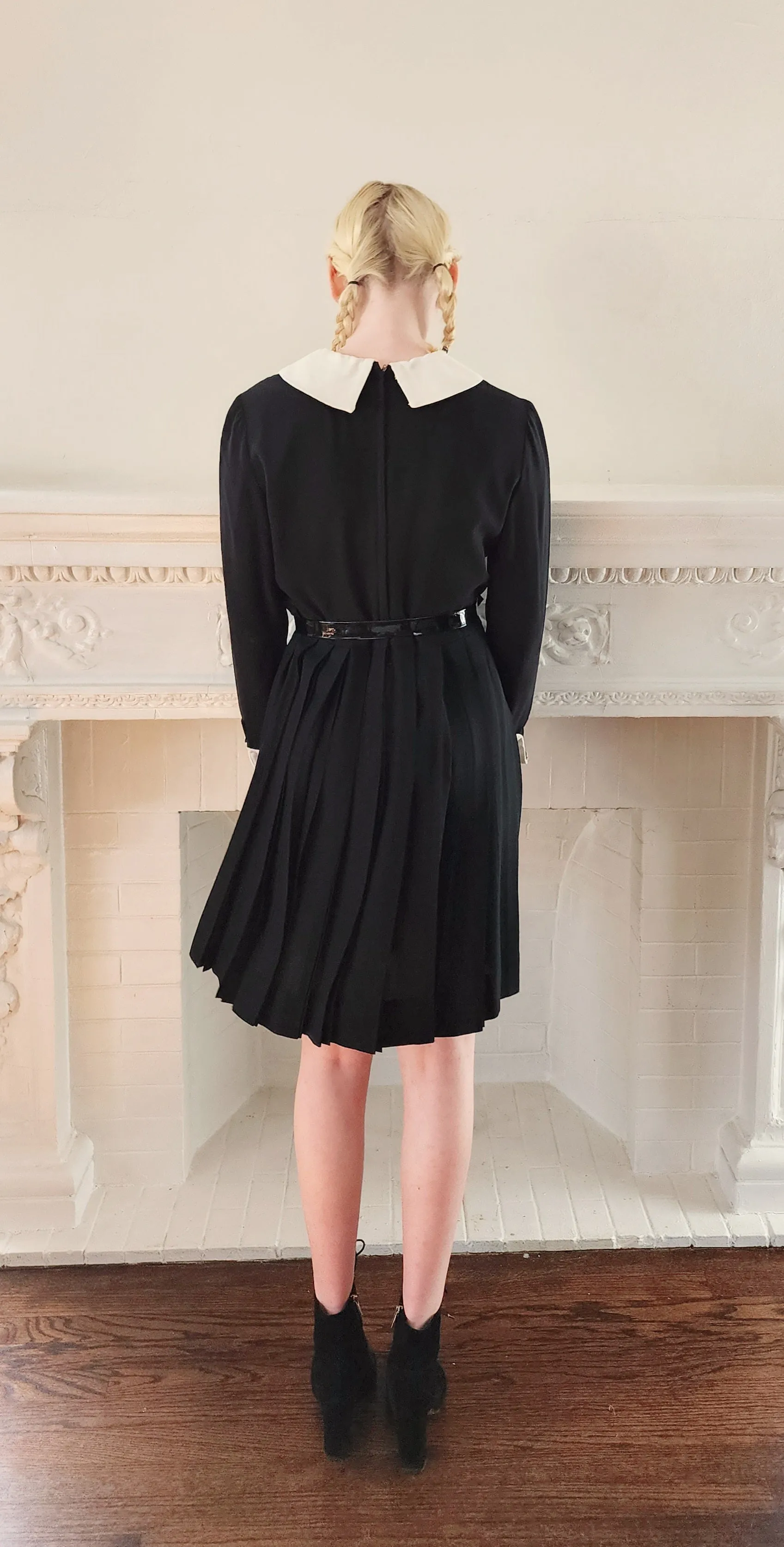 60s Black Mod Dress with White Collar and Cuffs & Pleated Skirt Wednesday Adams Style / S