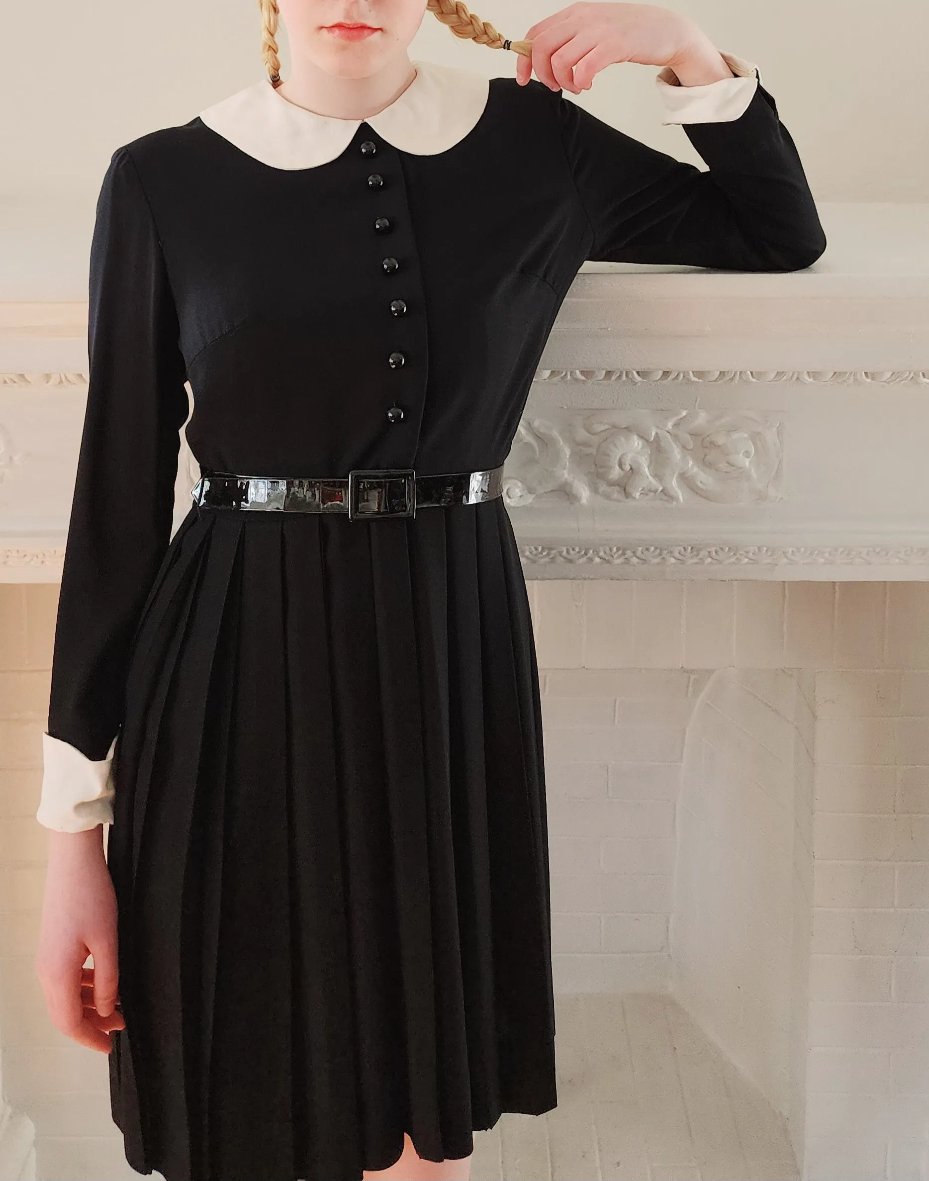60s Black Mod Dress with White Collar and Cuffs & Pleated Skirt Wednesday Adams Style / S