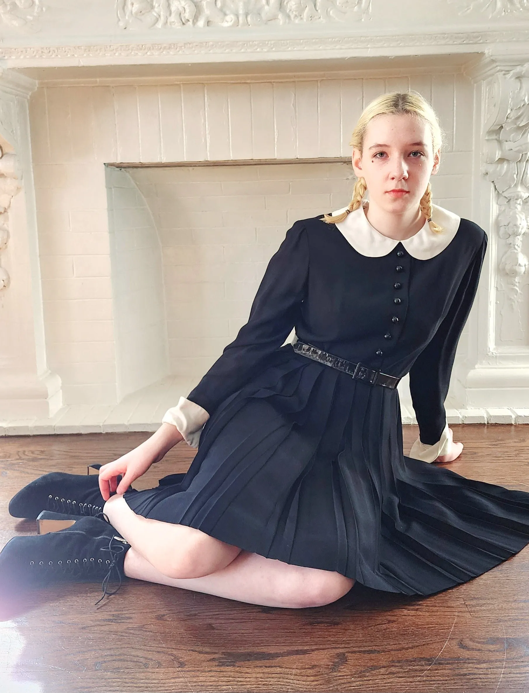 60s Black Mod Dress with White Collar and Cuffs & Pleated Skirt Wednesday Adams Style / S