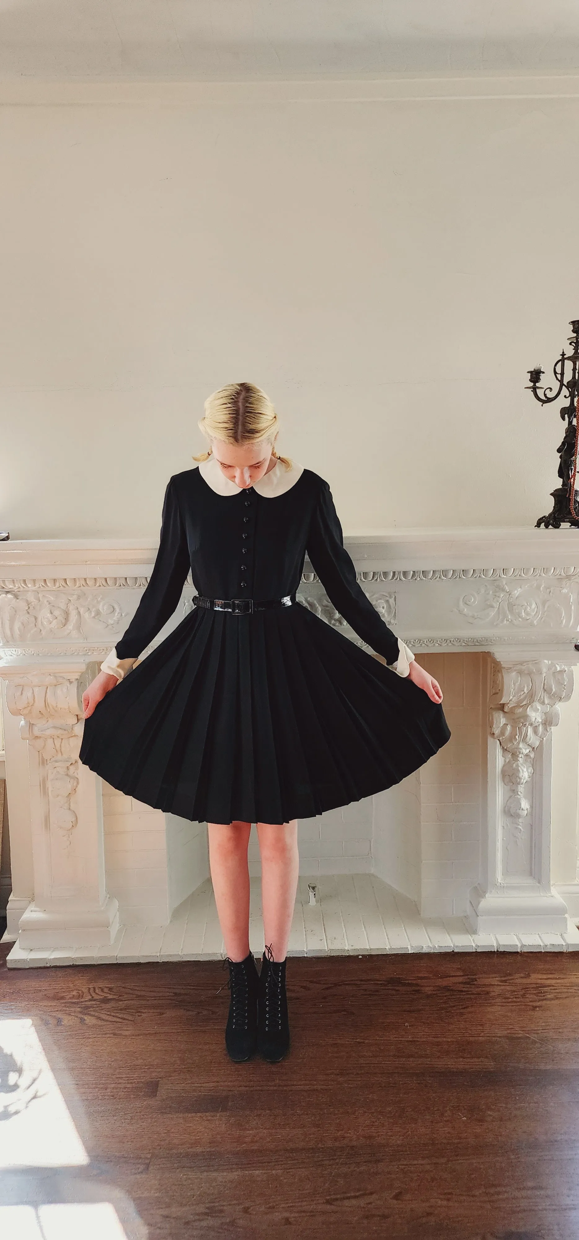 60s Black Mod Dress with White Collar and Cuffs & Pleated Skirt Wednesday Adams Style / S