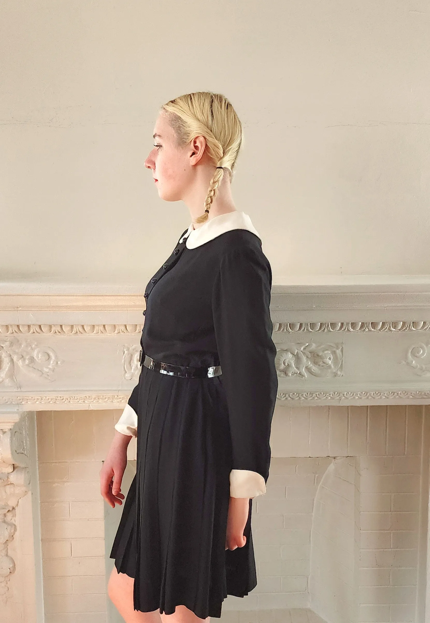 60s Black Mod Dress with White Collar and Cuffs & Pleated Skirt Wednesday Adams Style / S