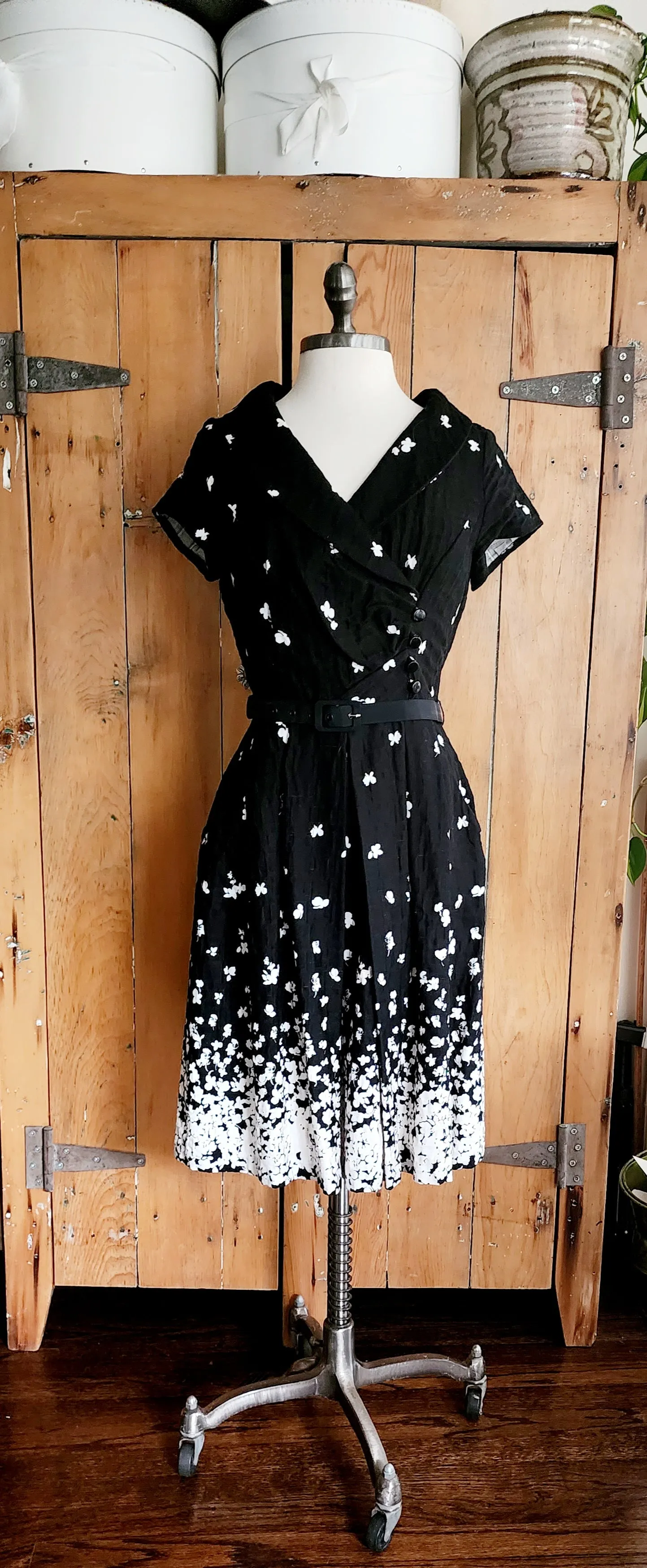 90s Does 50s Dress Black w/White Floral Print Julian Taylor