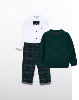 Abel & Lula 5703 Long Sleeve Shirt, Bow Tie, Navy Plaid Trousers and 5801 Bottle Green Jumper In Stock Now