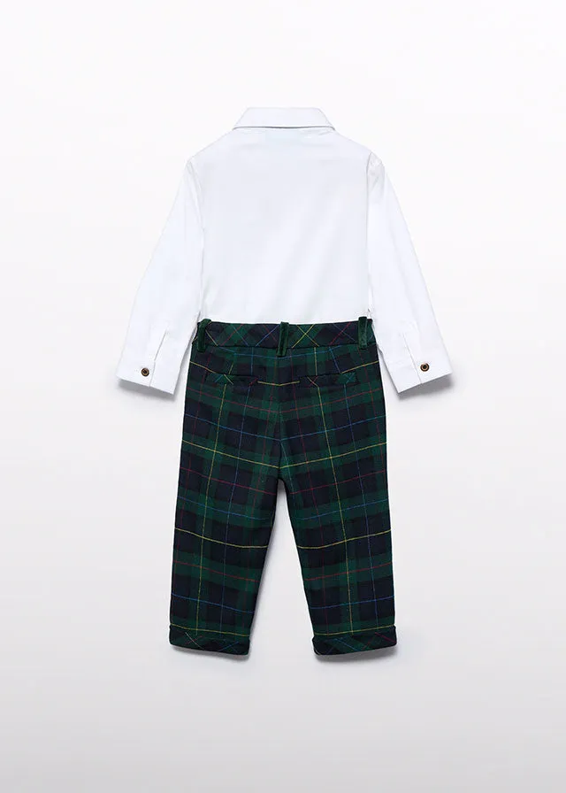 Abel & Lula 5703 Long Sleeve Shirt, Bow Tie, Navy Plaid Trousers and 5801 Bottle Green Jumper In Stock Now