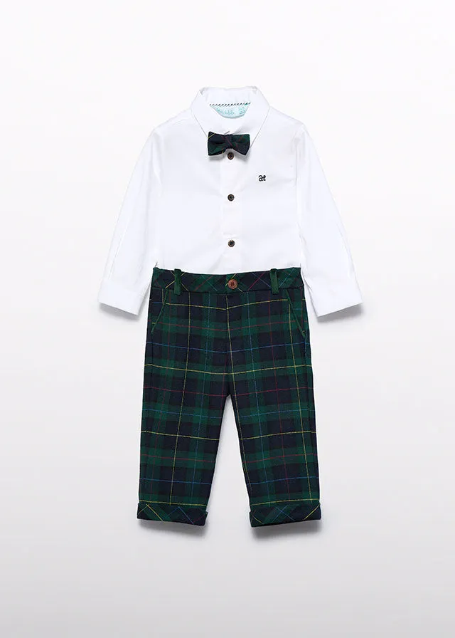 Abel & Lula 5703 Long Sleeve Shirt, Bow Tie, Navy Plaid Trousers and 5801 Bottle Green Jumper In Stock Now
