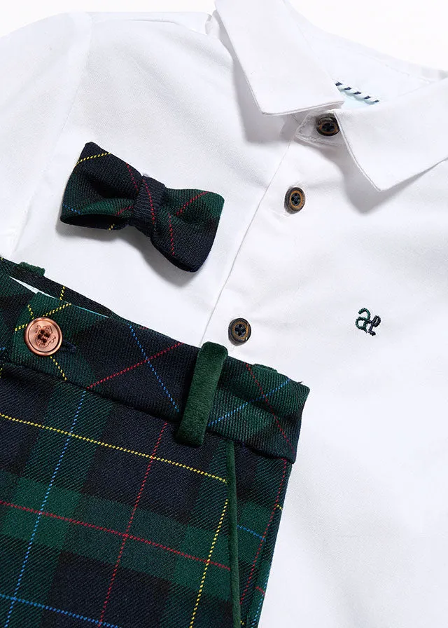 Abel & Lula 5703 Long Sleeve Shirt, Bow Tie, Navy Plaid Trousers and 5801 Bottle Green Jumper In Stock Now