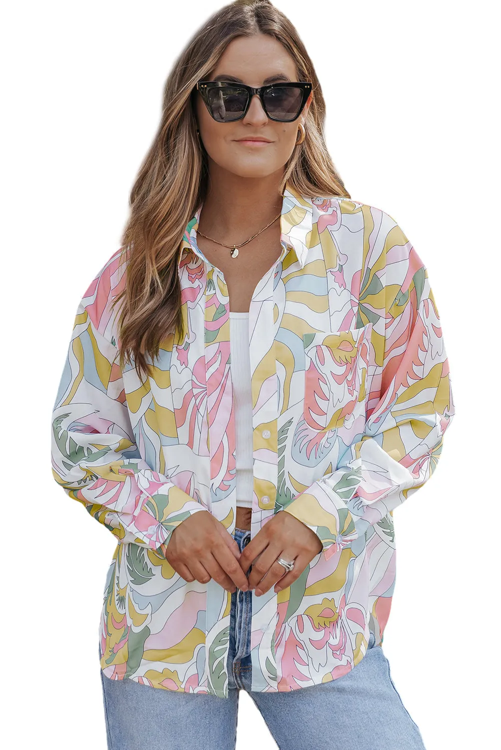 Abstract Turn-Down Collar Loose Shirt