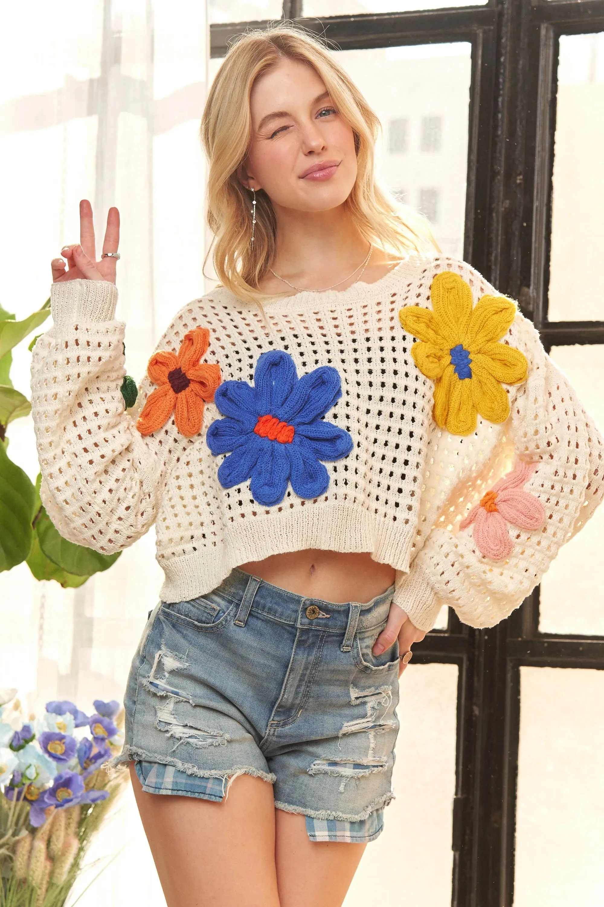 ADORA Floral Patch Sweater Crop Top