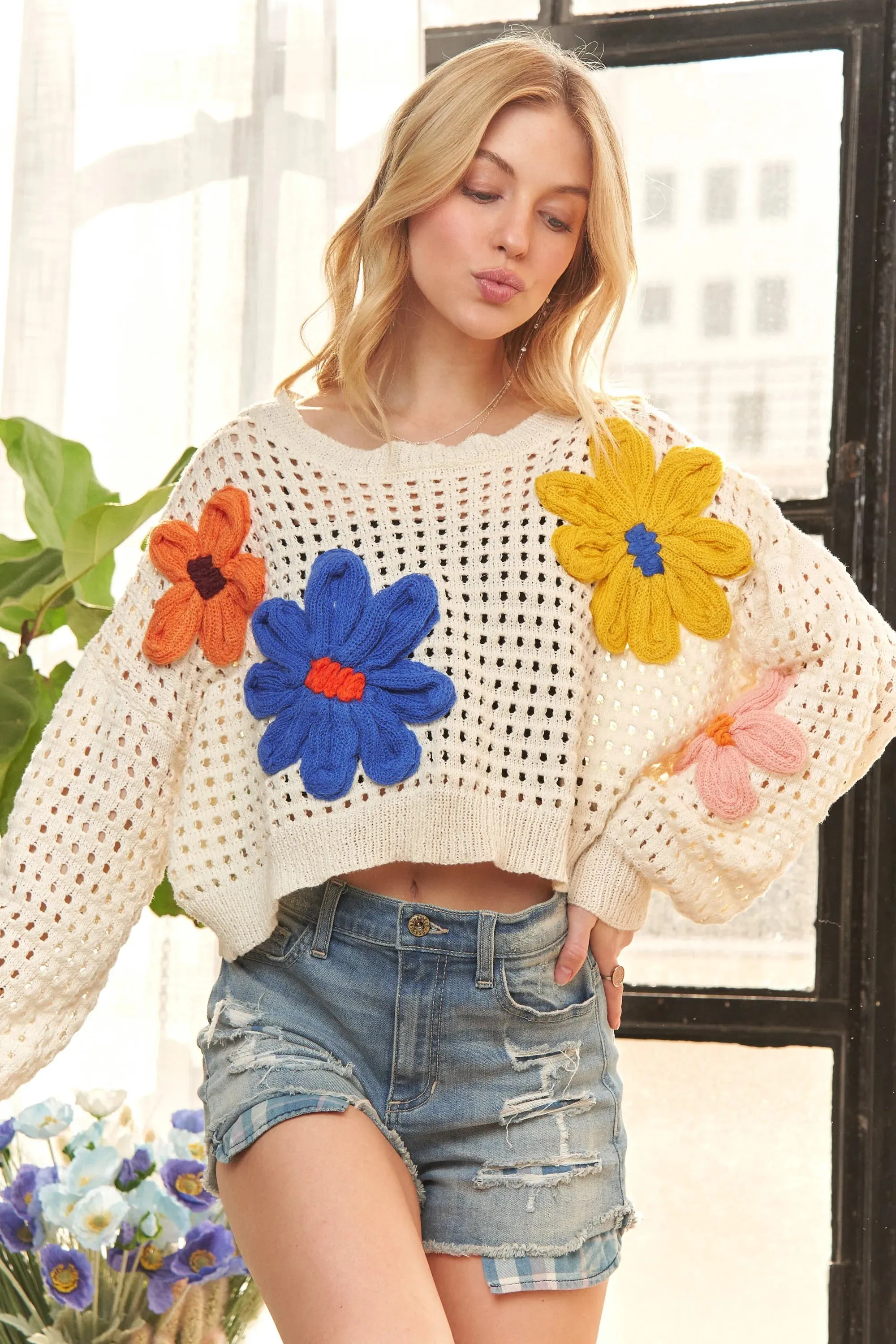 ADORA Floral Patch Sweater Crop Top