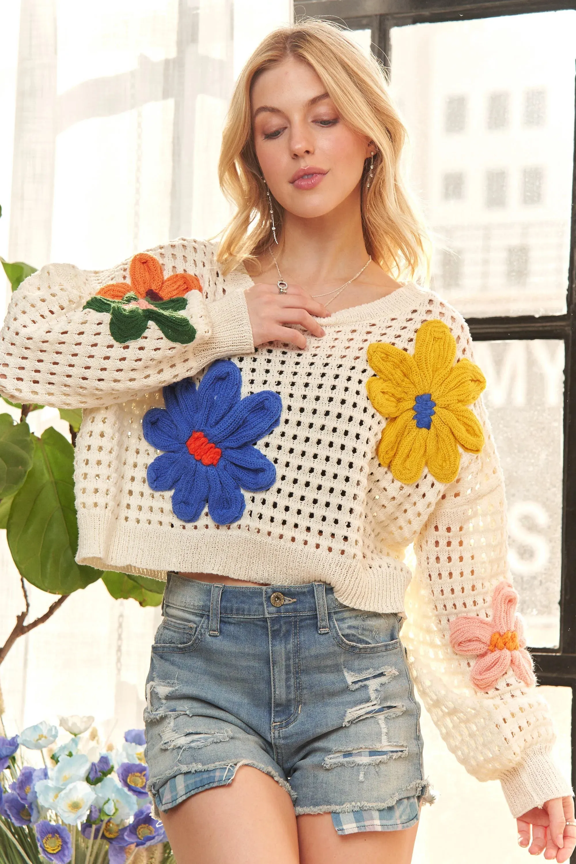ADORA Floral Patch Sweater Crop Top