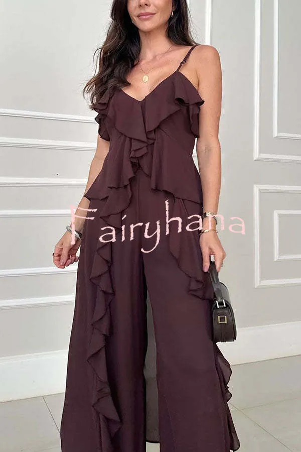 Agnes Chiffon Ruffle Front Slit Midi Slip Top and Elastic Waist Pocket Loose Pants Set