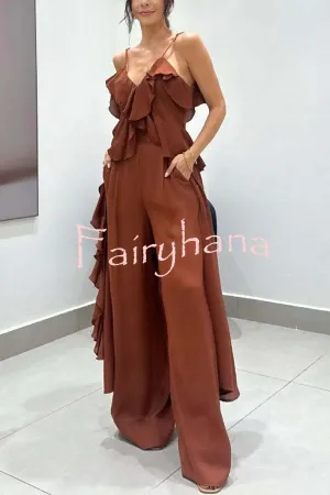 Agnes Chiffon Ruffle Front Slit Midi Slip Top and Elastic Waist Pocket Loose Pants Set