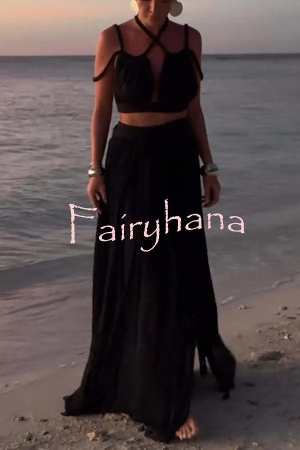 Aphrodite Draped Braids Crop Tank and Wrap Slit Maxi Skirt Set