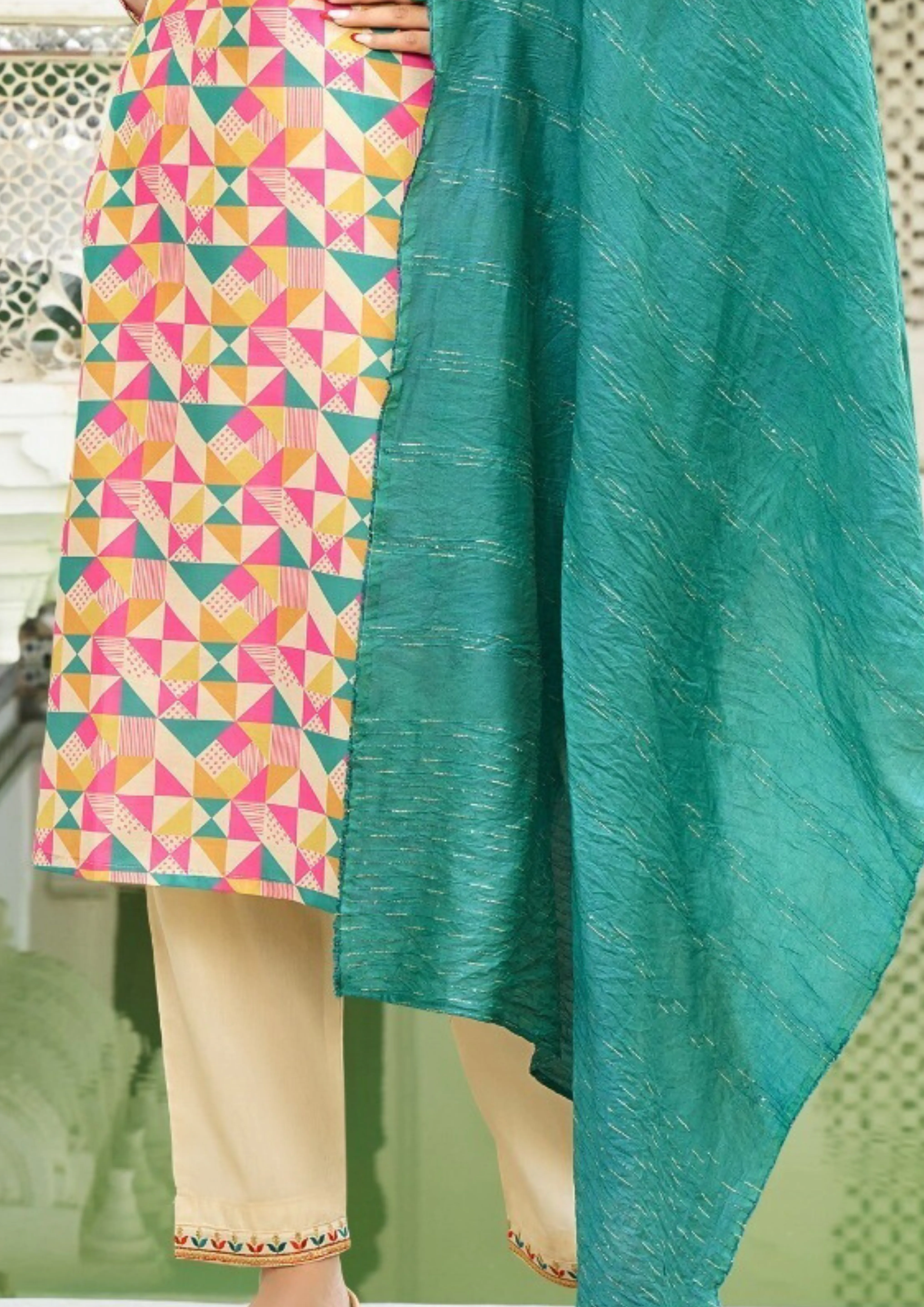 Attractive Multicolor Straight Kurti With Pant And Fancy Jacquard Dupatta For Women