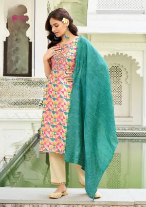 Attractive Multicolor Straight Kurti With Pant And Fancy Jacquard Dupatta For Women