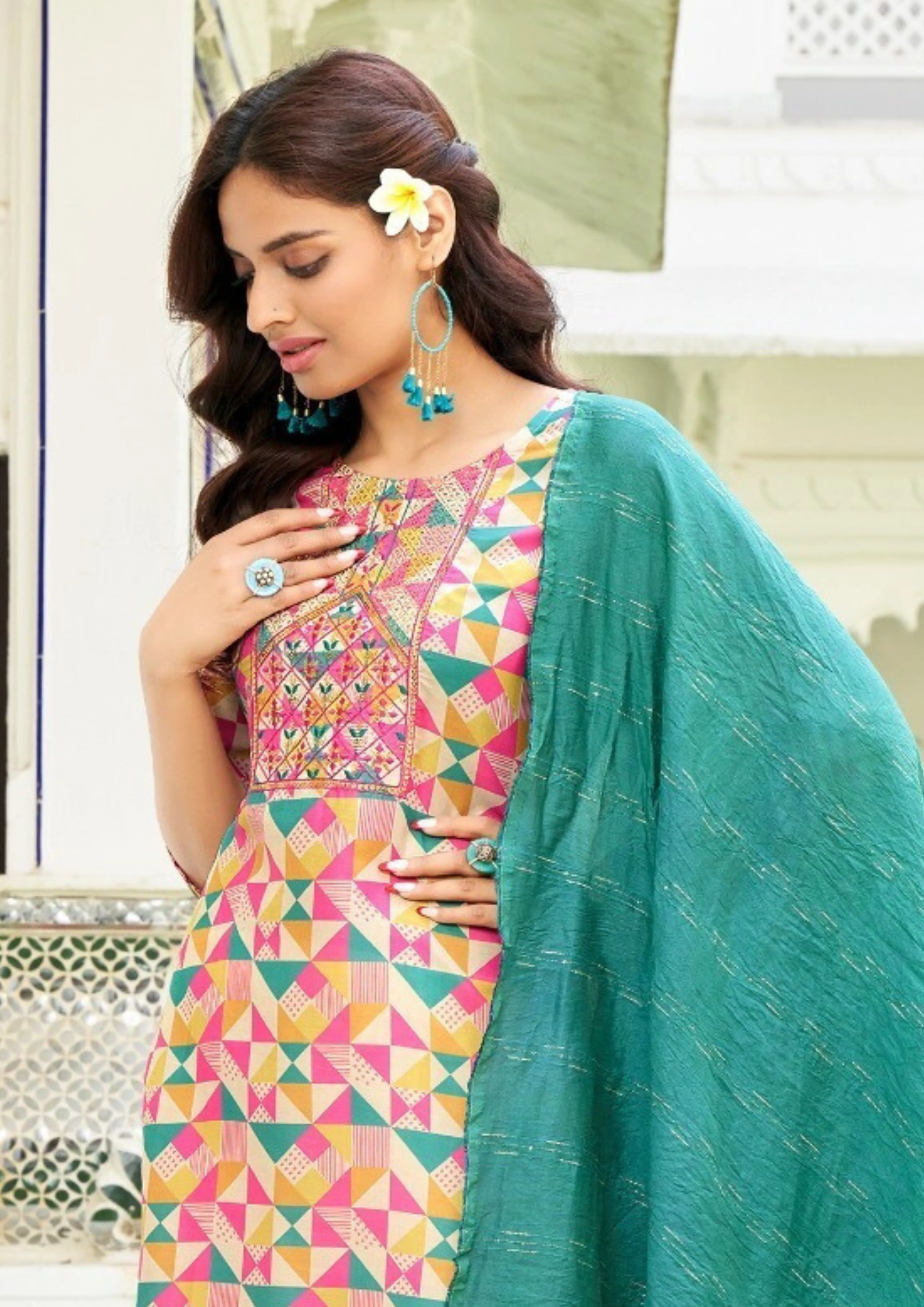 Attractive Multicolor Straight Kurti With Pant And Fancy Jacquard Dupatta For Women