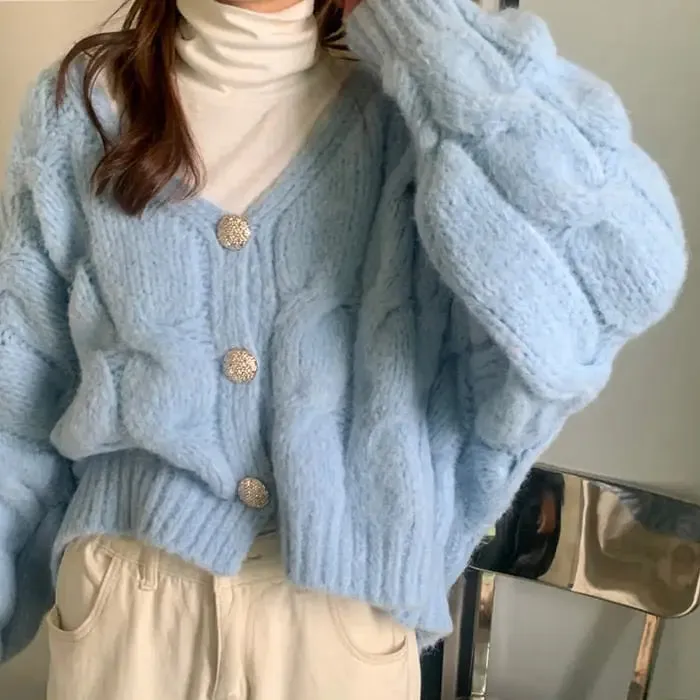 Baby Blue Cropped Knit Cardigan Y2K Style