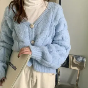 Baby Blue Cropped Knit Cardigan Y2K Style