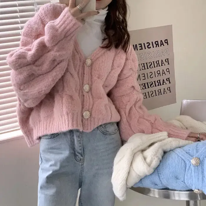 Baby Blue Cropped Knit Cardigan Y2K Style