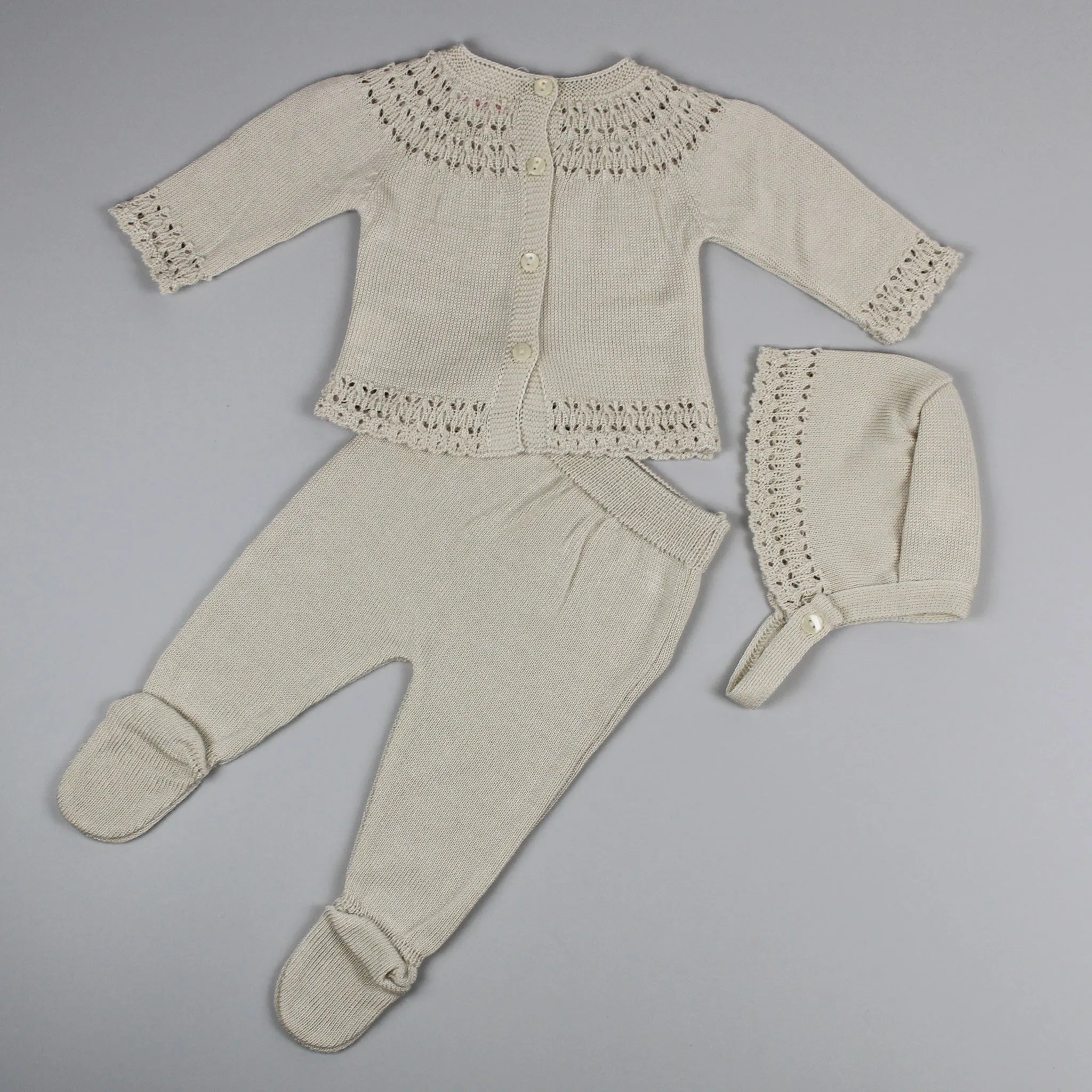 Baby Girls Beige Three-Piece Long Sleeve Outfit With Bonnet