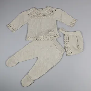 Baby Girls Beige Three-Piece Long Sleeve Outfit With Bonnet