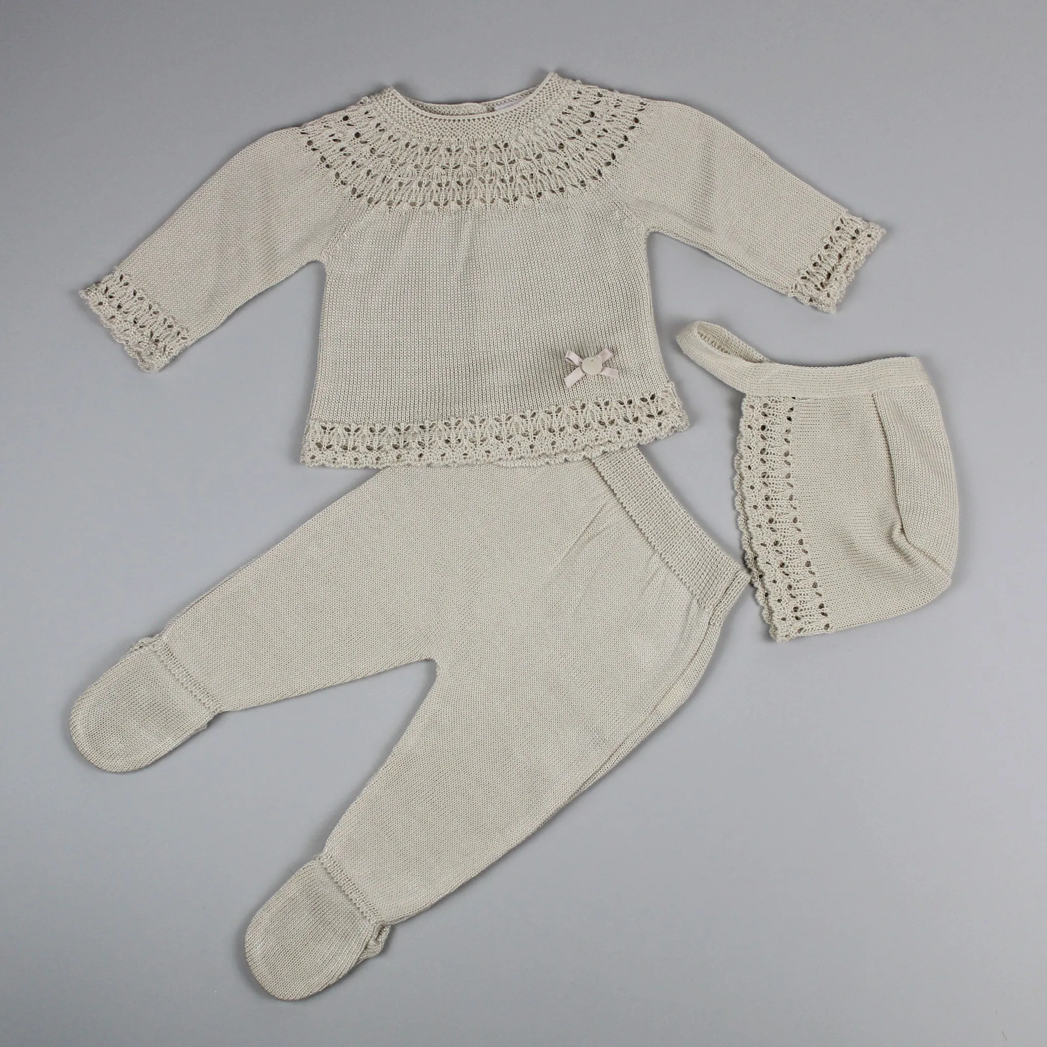 Baby Girls Beige Three-Piece Long Sleeve Outfit With Bonnet