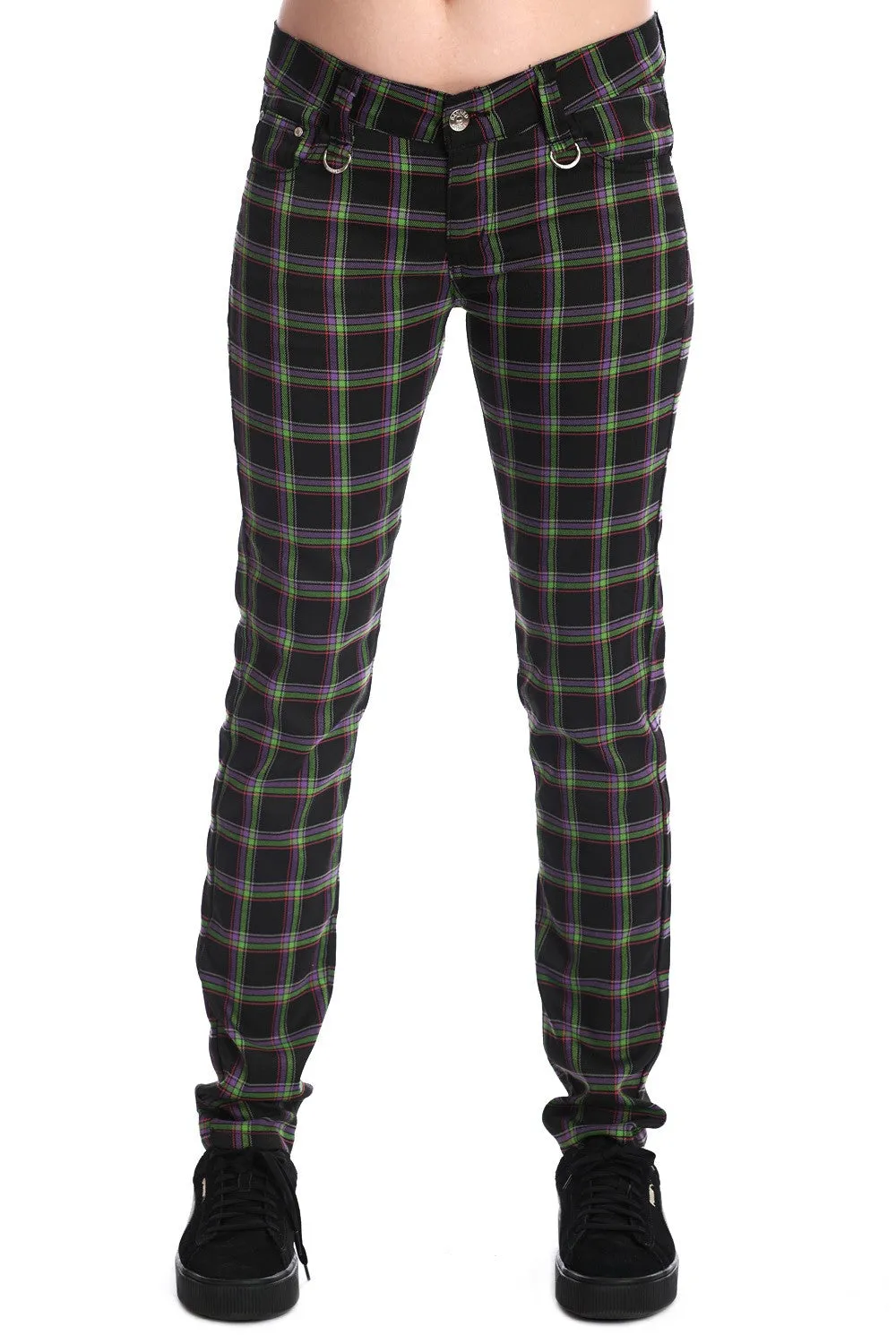 Banned Tartan Plaid Check Emo Punk Skinny Trousers, Green
