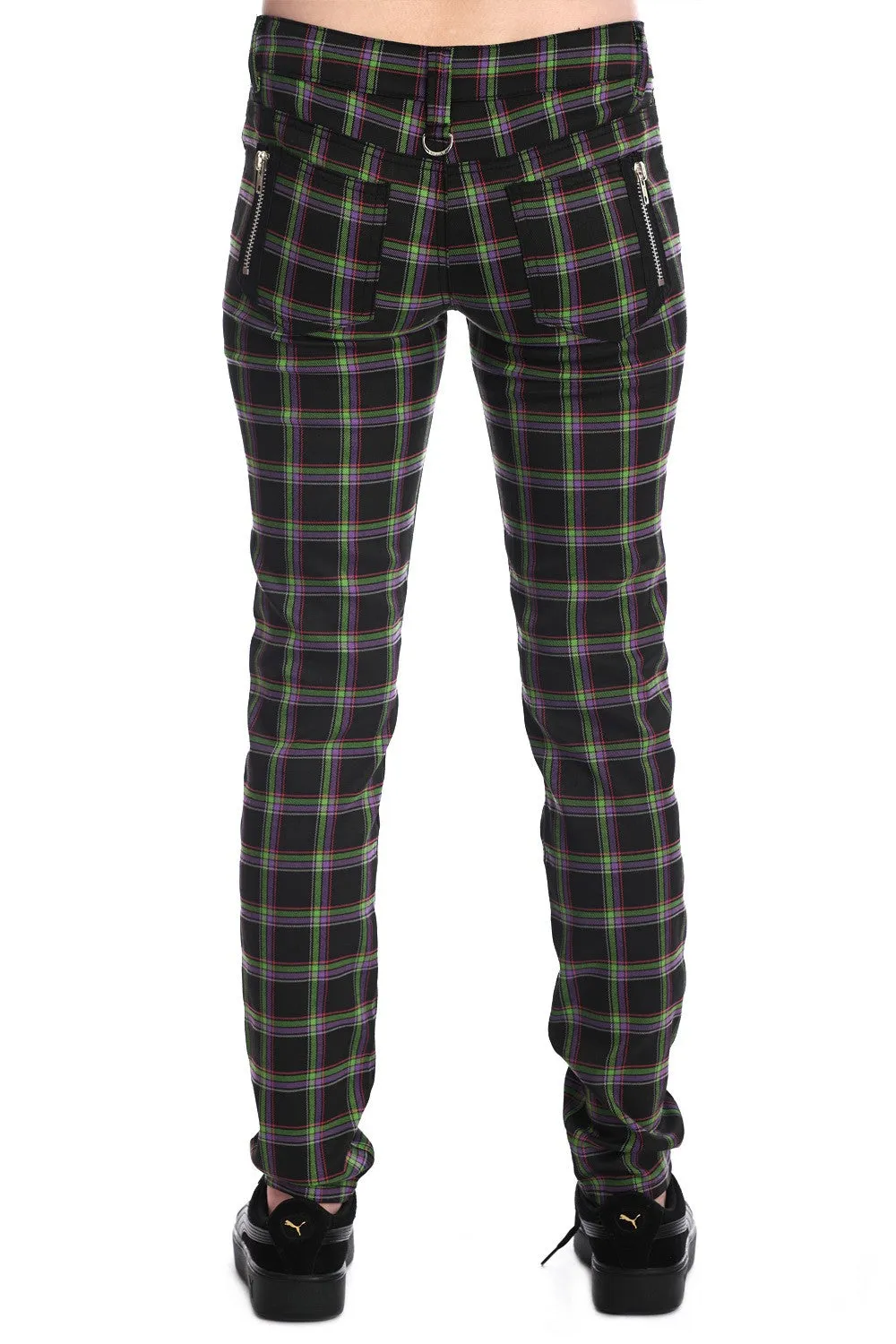 Banned Tartan Plaid Check Emo Punk Skinny Trousers, Green