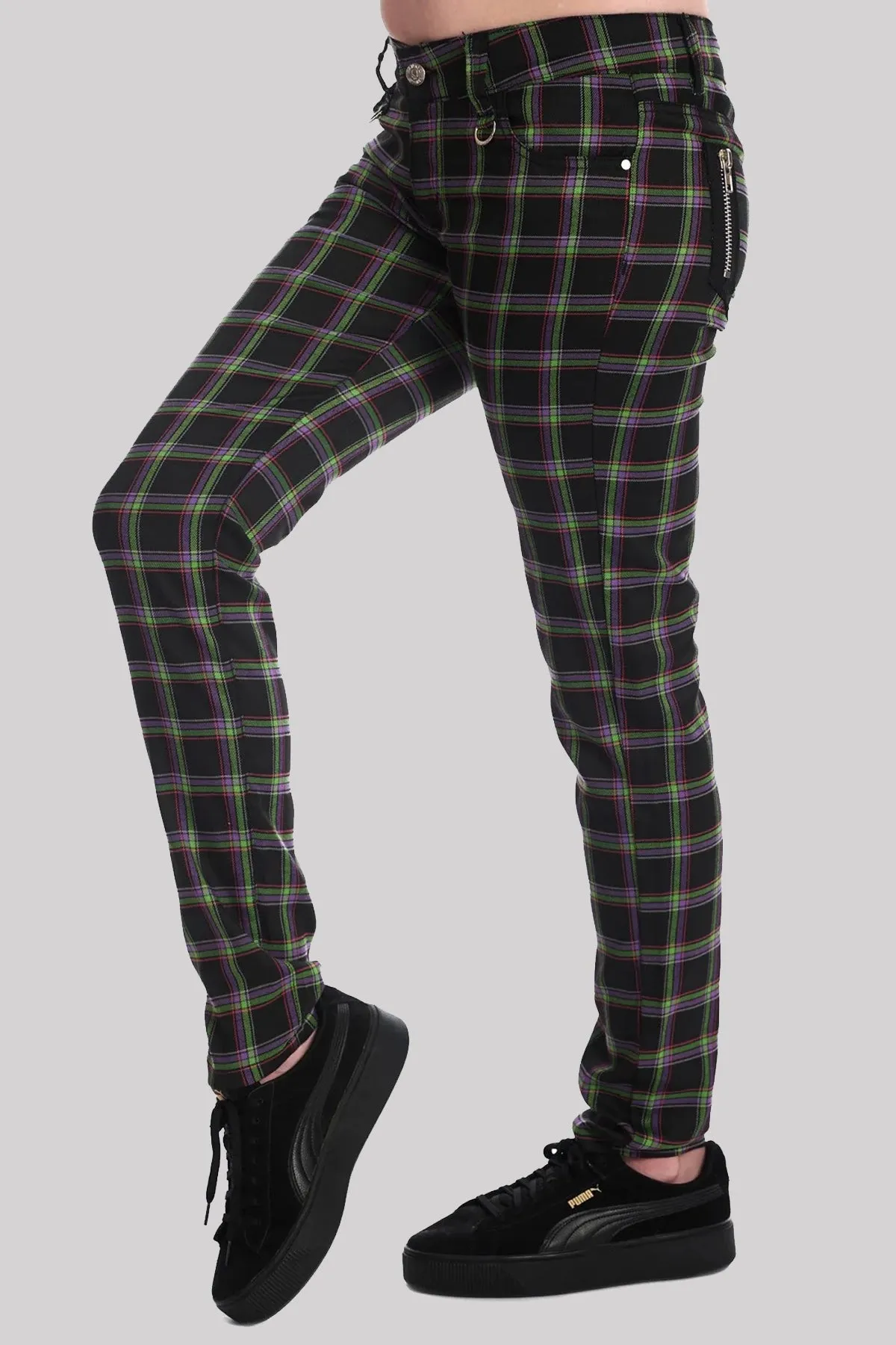 Banned Tartan Plaid Check Emo Punk Skinny Trousers, Green
