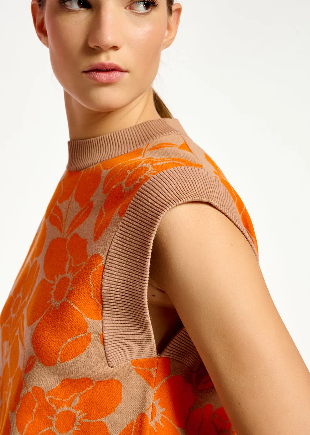 Beige and orange floral jacquard-knit sleeveless top