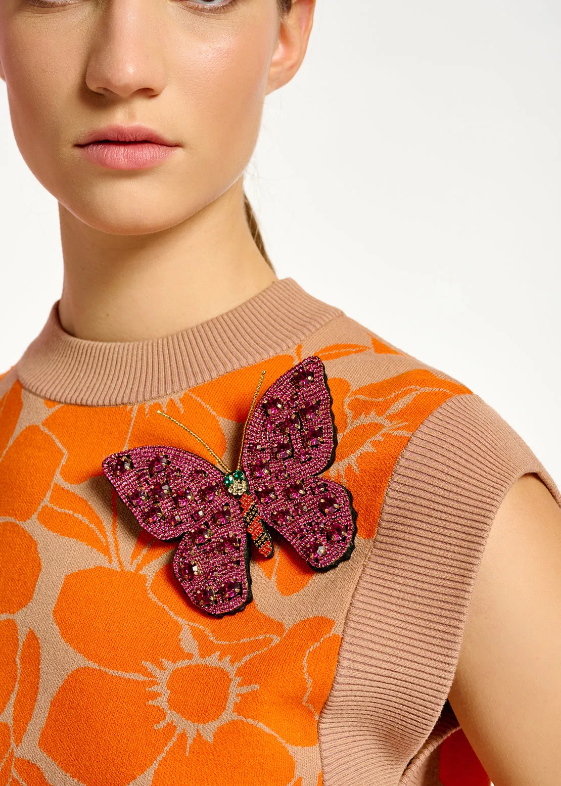 Beige and orange floral jacquard-knit sleeveless top