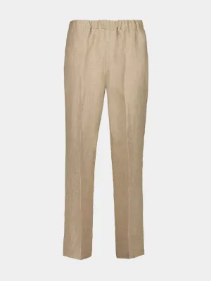 Beige Linen Straight-Leg Trousers