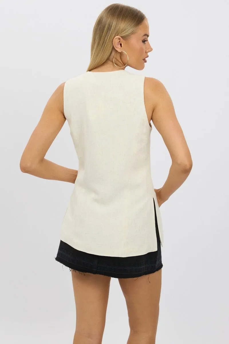 Beige Linen Vest Longline V Neck