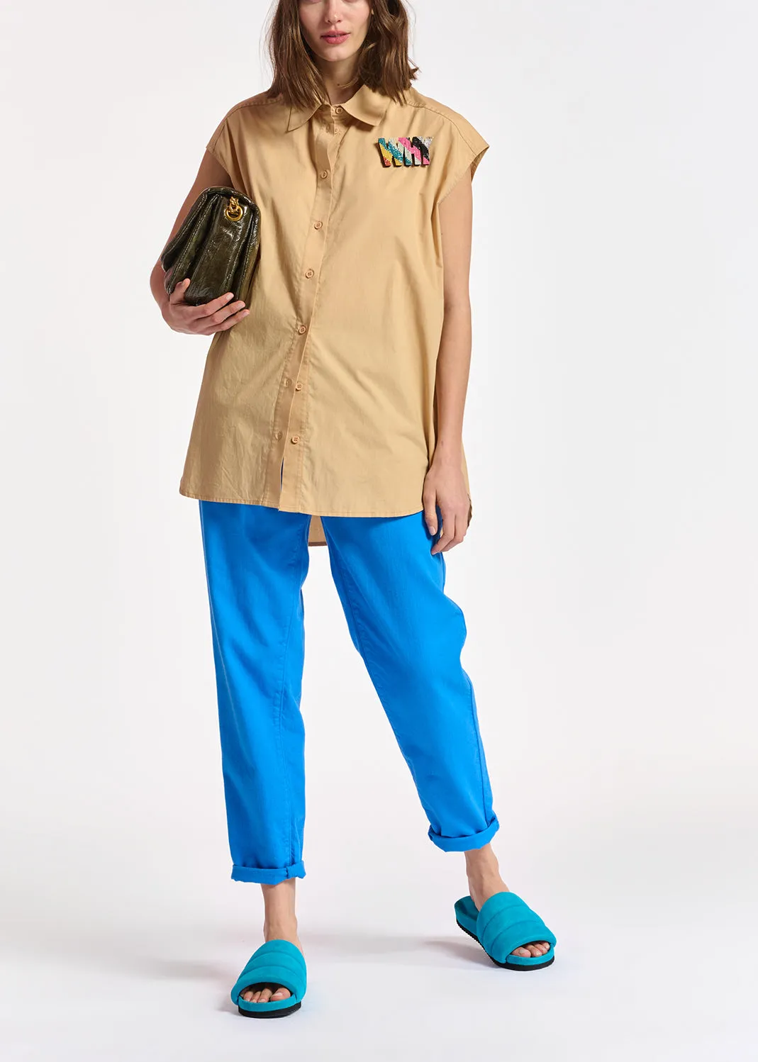 Beige sleeveless cotton shirt