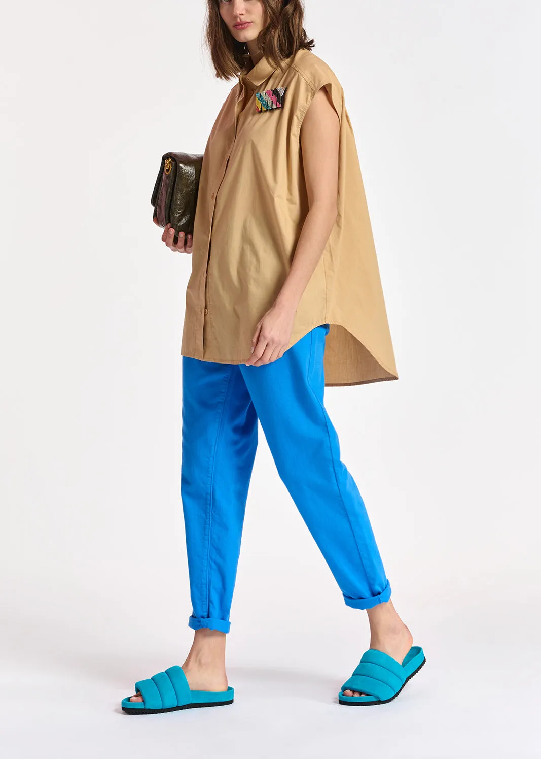 Beige sleeveless cotton shirt