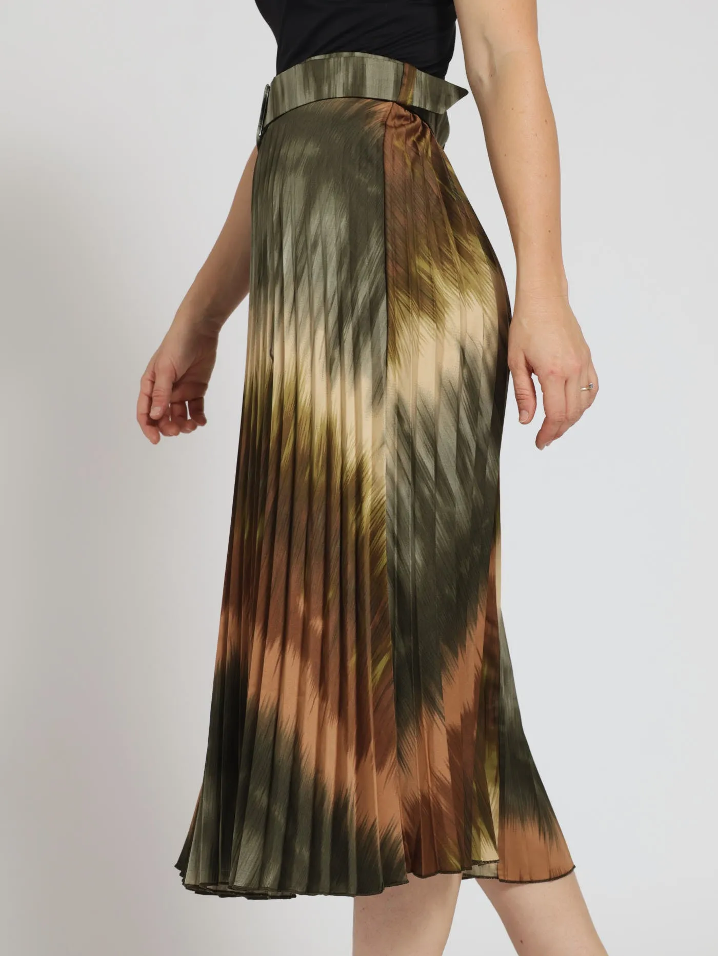 Belted Pleated Satin Midi Skirt
