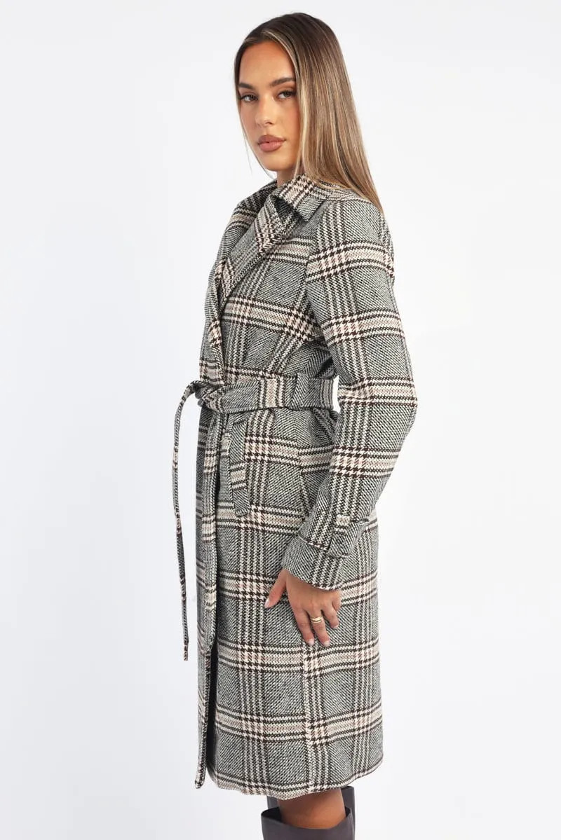 Black Check Belted Coat Knee Length Long Sleeve